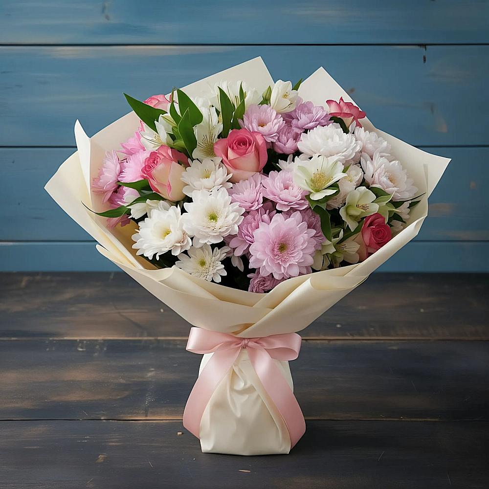 Букет цветов из: Хризантемы, Альстромерии и Розы в Алатыри